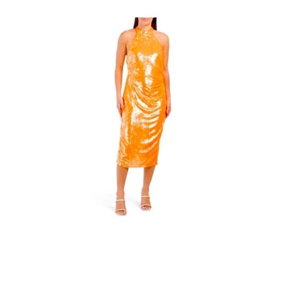 Caroline Constas Orange Halter Fully Lined Midi Sequin Dress Size Medium NWT - Picture 1 of 11